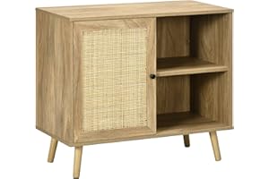 HOMCOM Aparador de Cocina Buffet de Salón Mueble Auxiliar de Cocina con Puerta de Ratán y 2 Estantes de Almacenaje para Comedor 80x39x70 cm Natural