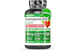 VITASTRONG. Coenzyme Q10 200mg Ubiquinone Végan, 1 Gélule par Jour (4 Mois d'Approvisionnement), 120 Gélules CoQ10 200mg, Supplément Q10 Coenzyme Antioxydant Sans Gluten ni OGM, Vitastrong Qualité Premium