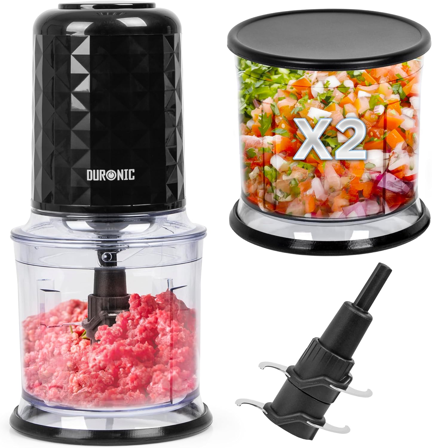 Duronic CH57 BK Mini Picadora 500W con 2 Recipientes de 700 ml con Tapa, Robot de Cocina para Verduras, Frutas, Frutos Secos y Especias, Permite Preparar Salsas, Purés y Comida para Bebé