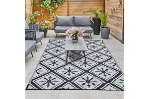 Enipate Outdoor Rugs for Patios Waterproof, 5x7ft Reversible Easy Cleaning Garden Rug, Portable Comfortable Woven Geometric Outdoor Carpet (Black & White)
