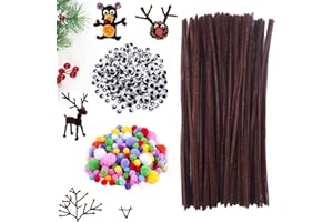 SEASBOES 100 Pezzi Steli in Ciniglia, Scovolini Pipa, 150 Pezzi Colorato Pompon Artigianali, Steli in Ciniglia Scovolini, 150 Pezzi Googly Wiggle Occhi, Natalizio Fai Te Lavoretti Creativi per Bambini