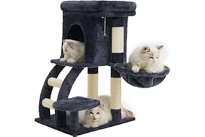 Heybly Árbol Rascador para Gatos, 75 cm De Alto Torre para Gatos con Plataforma Superior, Madriguera, Hamaca, Escalera para Trepar, Juguetes para Gato, Gris Ahumado HCT009SG