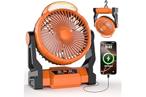 Diealles Shine Ventilatore da campeggio con batteria 15.000 mAh, ventilatore USB 3 in 1, ventilatore da campeggio molto silenzioso, ventilatore da tenda con luce LED, ventilatore da tavolo per esterni