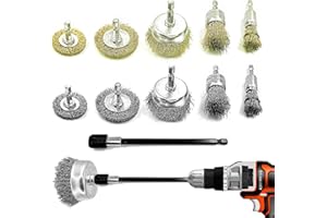 Daily Treasures 10 Pack Wire Wheel Cup Brush Set for Drill Abrasive with 1/4" Hex Shank, Extension Rod for Safty, Brass Coated Crimped Drill Sanding Attachment, Metal Brush for Drill Rust Removal