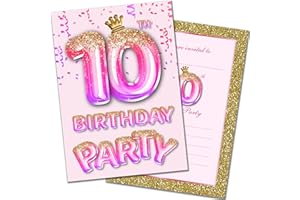 Olivia Samuel 20 Pack of 10th Birthday Invitations with Envelopes – Pink and Gold Glitter Effect – Ready to Write – Designed and Printed in the UK