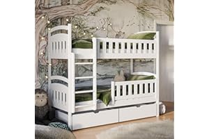 KIDS COLLECTIVE Lit superposé 90x200 avec Deux tiroirs, sommier à Lattes, Protection Contre Les Chutes, Transformable en Deux Lits Simples, en Bois Massif Blanc, lit Fonctionnel