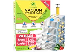 SPEDALON Vacuum Storage Bags - Pack of 20 (5 Jumbo + 5 Large + 5 Medium + 5 Small) ReUsable with free Hand Pump for travel packing | Best Sealer Bags for Clothes, Duvets, Bedding, Pillows, Blankets, Curtains