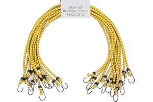 PRETEX Heavy Duty Bungee Cords with Hooks - Set of 12 - Extra Strong Bungees for Camping & Outdoors - Elastic Tie Down Luggage Straps - Universal Cord - 65 cm (23") Long, Yellow