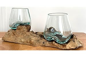 My Square Mile Double Molten Glass Bowls On Wood Root Stand Glass Rustic Decorative Ornament Sculpture Key Sweet Display Dish