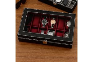 ZENWOOD 12-Slot Watch Box – Black Leatherette with Maroon Velvet | Glass Lid & Removable Pillows | Unisex Organizer Gift