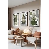 Zestia Siyah &Ccedil;er&ccedil;eveli 3&rsquo;l&uuml; Tablo Seti, Yeşil Minimal Yaprak Formları, Salon Set No: 30059 50 x 70