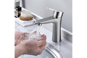 XWIHTR Grifo de baño caliente y frío de acero inoxidable con cartucho de cerámica silencioso, monomando, mezclador de ahorro de agua para lavabo para baño, lavabo, cocina (cepillado)