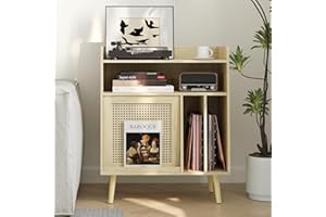 Semiocthome Supporto per giradischi con contenitore in vinile, tavolo per giradischi con ripiano portaoggetti, supporto per giradischi con anta in rattan, tavolino laterale con gambe in legno massello