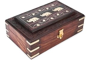 Ajuny Handcrafted Wooden Jewelry Box Elephant Design Solid Multipurpose Keepsake Storage Travel Organizer Treasure Chest Vintage Decorative Trinket Holder Gifts 8x5 Inch
