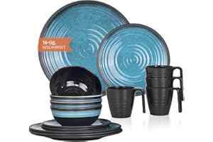 ‎MORITZ Melamin Camping Geschirr Set 4 Personen Stone Blue + 4 Tassen Stone Kaffetassen Becher Tafelgeschirr Picknick BBQ Kochgeschirr