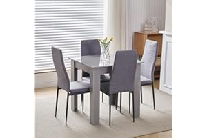 Pantanal Modern Grey Dining Table and Linen Fabric Chairs Set of 4 for Small Space, 5pcs Kitchen Square Wood Table with 4 Seater Chairs (grey table and 4 grey linen chairs)