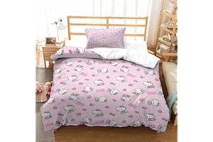 FIBITA Hello Kitty Bettdecke Set 3D Bettwäsche Set Microfaser Hypoallergen Bedruckter Bettbezug Pink Modern Ornamente Jugendliche Bettbezüge Für Jungen Und Mädchen Single（135x200cm）
