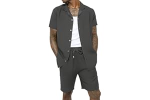 WJL WHISPERING JONES LONDON Mens Crinkle Textured Co-ord Shirt Short Set Anti Wrinkle Two Piece Breathable Top & Bottom Summer Beach