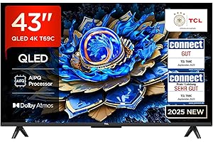 TCL 43T69C 43 Zoll QLED, Direct LED TV, 4K HDR TV, Smart Google TV (Dolby Vision & Atmos, Motion Clarity, Kompatibel mit Google Assistant & Alexa)
