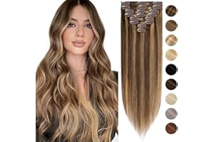 40cm - Silk-co Clip in Extensiones de Cabello Humano Hair Extension Peluca Postiza Lisa Recta 65g 100% Remy Human Hair 8 Piezas 18 Clips Pelo Natural Hair Extension - 4P27# Marrón Medio y Rubia Oscuro