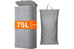 Lifewit Wąski kosz na pranie z pokrywką, 75 l, kosz na pranie z ramą z tworzywa sztucznego, składany, duży kosz na pranie, do sypialni, łazienki, szary