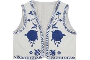 Puimentiua Women's Gilets Retro Floral Embroidered Gillet National Style Vest Jacket Sleeveless Cardigan Crop Top Summer Waistcoat Women