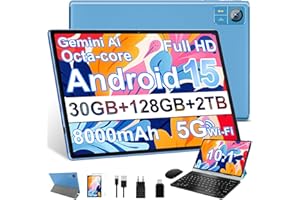 SUAAT Tablet Android 15 da 10.1 pollici, Gemini AI, Widevine L1, Octa Core, 8000 mAh, 30 GB RAM + 128 GB ROM+2TB,GMS,GPS, BT5.0, Tablets Corpo in Metallo con Tastiera, Mouse, Custodia Protettiva-Blu