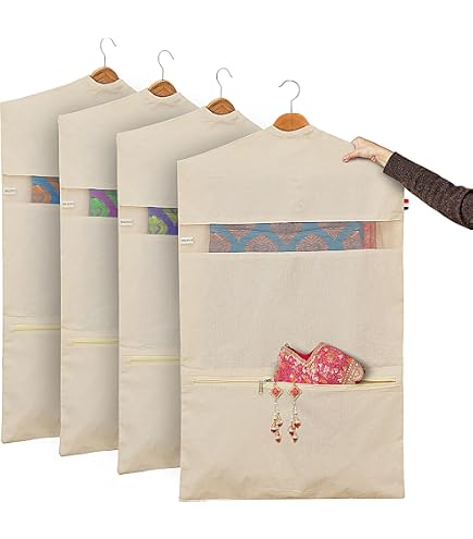 Clarkia Reusable Cotton Saree Cover Set - 12 Bags 17x17 Inches With Blouse Compartment, Natural Beige, Wardrobe Organizer For Saree Storage