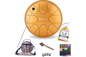 Sonodrum Zungentrommel "Standard" C - Dur in Gold - 14 cm klein mit 8 Tönen - Steel Tongue Drum inkl. Liederbuch, Schlägel, Fingersticks und Tragetasche - Notenlesen nicht nötig, einfach zu spielen.