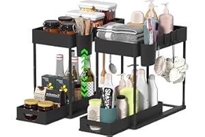 HI NINGER 2 Pezzi Organizer Sottolavello Cucina 2 Livelli, Scaffale Estraibile per Lavello, sotto il lavandino con 8 Ganci e 2 bicchieri sospesi, Organizer per Armadio Sottolavello per Bagni, Cucine