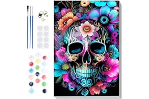Lxmsja Crâne Fleurs Peinture Numero Adulte avec Cadre, Peinture par Numero Halloween, Peinture Acrylique Numéro d'art avec 3 Pinceaux, Loisirs Créatifs Adultes, Activité Manuelle Adulte, 20x30cm