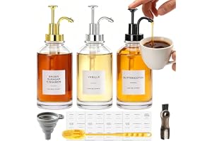 Mispudin kaffesmakkoncentrat 3-pack 500 ml, sirap pumpdispenser av glas | Läckagesäker syrap-dispenser, dekal, pensel och tratt, för kaffesirap, kaffebarer och kök, svart, silver