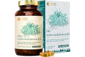 ‎NATURE BASICS Bio Schwarzkümmelöl - 180 Kapseln hochdosiert / 500 mg hochwertiges Bio Schwarzkümmelöl & 250 mg Linolsäure je Kapsel/Vegan, Zertifiziert & Nachhaltig im Glas