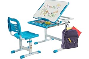‎DREAMADE DREAMADE Kinderschreibtisch höhenverstellbar, Schülerschreibtisch Jugendschreibtisch neigungsverstellbar, Schreibtisch Set für Kinder mit Stuhl und Schublade, für Jungs & Mädchen (Blau)