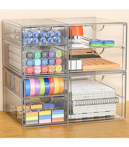 Organiseur Bureau 4 Tiroirs SUPWAY - Boîte Rangement Transparente Empilable
