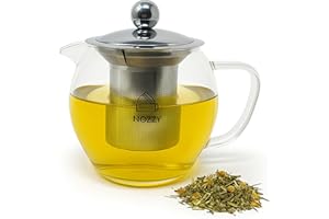 Nozzy Théière en verre avec infuseur en acier inoxydable, 1200 ml, design moderne transparent avec passoire pour thé en vrac, 4 à 6 tasses