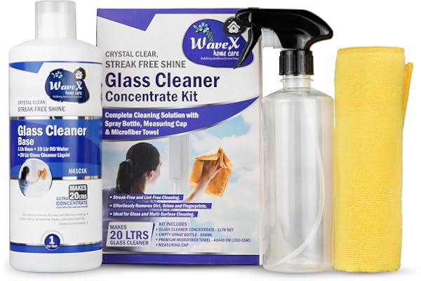 Wavex Glass Cleaner Concentrate (1ltr) Makes 20 Ltrs Glass Cleaner Liquid Includes Microfiber Cloth 350 GSM, Empty Spray Bottle Dispenser and Measuring Cap