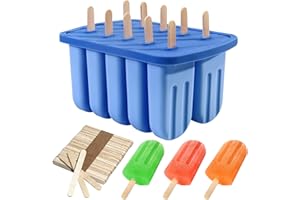 BAANFLY Ice Lolly Moulds,10 Cavity Popsicle Mould with 50pcs Wooden Sticks, Silicone Ice Pop Molds BPA Free Ice Cream Moulds＆Kids Summer DIY Home Kitchen Tools (Blue)