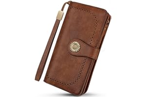 TEUEN Portafoglio Donna Grande Formato Lungo in Pelle Vegana con Protezione RFID, Scomparto Telefono Portamonete, 10 Scomparti per Carte, 2 Finestre Foto e Cinturino - Elegante Regalo