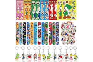 CLVSYH Juego de 86 obsequios para fiesta de Ma-rio,12 pulseras infantiles Ma-rio + 12 llaveros + 12 pegatinas de Super Bros + 50 pegatinas para niños,para cumpleaños infantiles