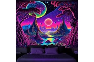 Simpkeely Blacklight Galaxy Moon Tapestry - Alien Landscape UV Reactive Neon Mountain Forest, Space Fantasy Plants Wall Hanging for Room Decor - 130 x 150 cm