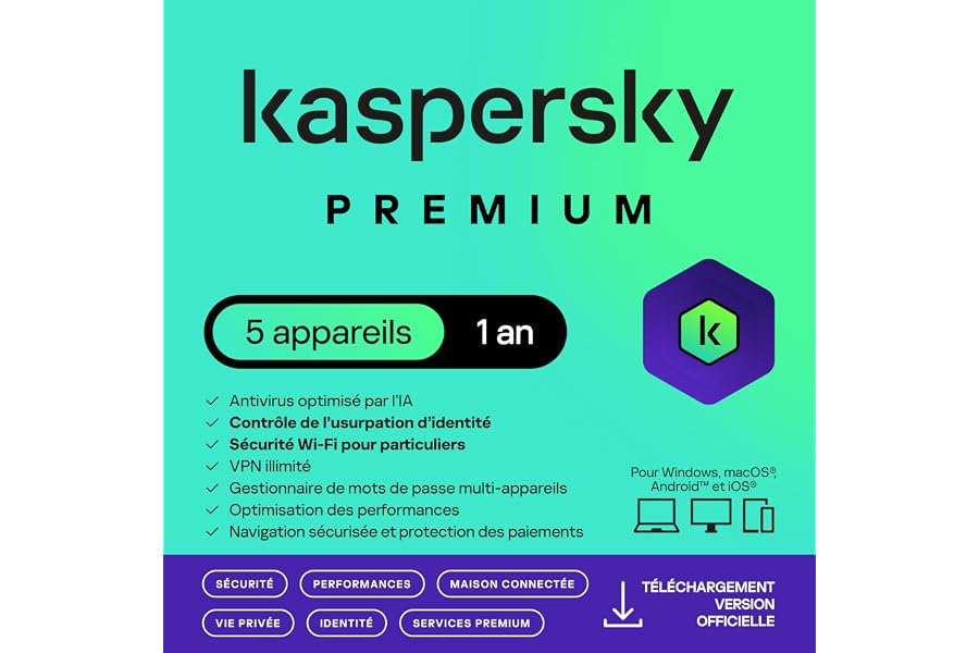 Kaspersky Premium Total Security 2025 | 5 appareils | 1 an | Anti-Phishing et Pare-feu | VPN illimité | Gestionnaire de mots