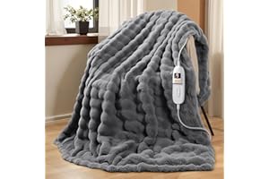 PKBD Electric Throw Blanket,190x130CM Large Size Faux Rabbit Fur Heated Blanket,9 Heating Settings and Up to 9H Auto Off Timer, Suitable for Home and Office, LED Display,Machine Washable, Grey