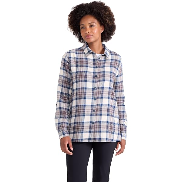 Essentials Women's Flannel Pajama Set - Long Sleeve Button Front Shirt & Pant, Beige/Dusty Blue Plaid - View #3