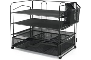 Amazon Brand-Eono organizer na dokumenty z 5 przegródkami na długopisy, papierowa tacka na listy z drawer i 2 uchwytami na długopisy, z siateczki, organizer na biurko do biura domowego (czarny)