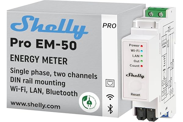 Shelly Pro EM 50A - Compteur électrique monophasé à 2 canaux LAN, Wi-Fi, Pinces ampermétriques incluses, Interrupteur intégré, Mesure par impulsion optique, Énergie photovoltaïque, App iOS Android