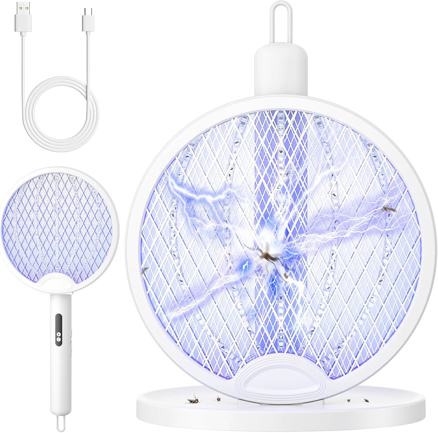 YISSVIC Raqueta Mosquitos Electrica Mata Mosquitos Electrico Plegable 3 en 1 4000V 1800mAh con Base Recargable USB-C Matamoscas Electrico de Luz UV para Mata Mosquitos, Polillas y Hormigas Voladoras