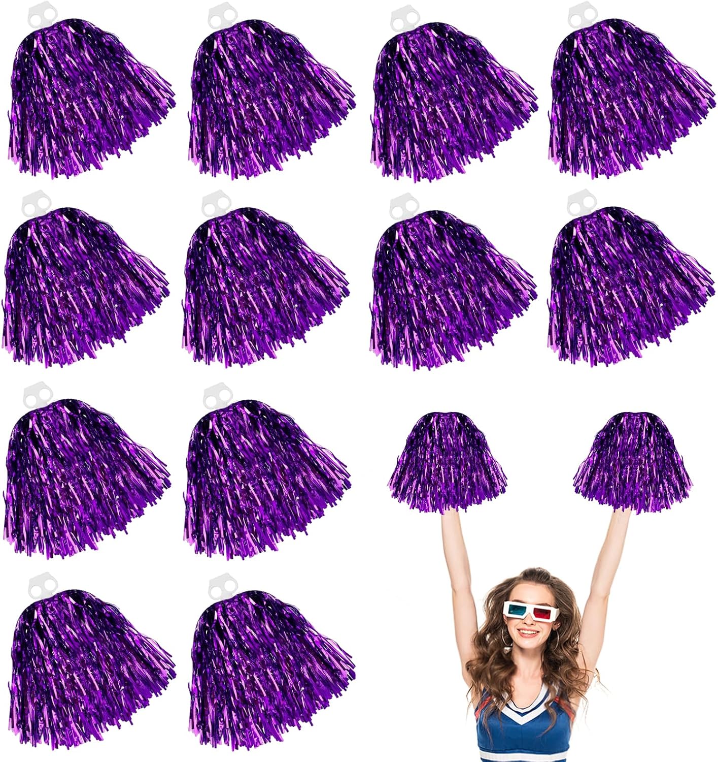 LIULINY 12 Piezas Pompones Animadora, Lámina Metálica Pompones de Animadora con Anilla de Doble Agujero, Animadoras Poms para Eventos Deportivos, Fiestas, Espectáculos Celebraciones Festivas