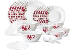 Larah by Borosil Rose Red Silk Series Opalware Dinner Set | 35 Pieces for Family of 6 | Microwave & Dishwasher Safe | Bone-As