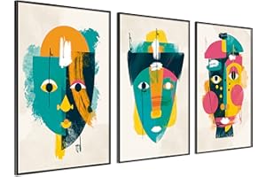 DekoArte - Cuadros decoracion salon modernos CARAS PICASSO 50x70 cm x3 piezas - Cuadros con marco negro incluido